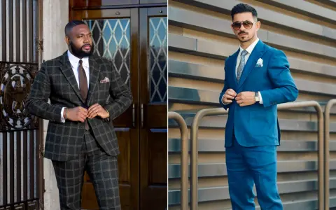 Uomo in abito a quadri scuro e uomo in abito blu brillante. La taglia 46 uomo corrisponde a uno stile impeccabile.