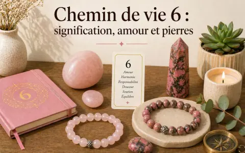 Ambiance zen avec des pierres roses, un carnet et une carte "Chemin de vie 6". La symbolique du 6 est explorée à travers l'amour, l'harmonie et le soutien.