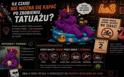 Unicorn w basenie przypomina o przeciwwskazaniach do tatuażu: unikaj kąpieli w wodzie przez 2 tygodnie. Prysznic jest dozwolony.