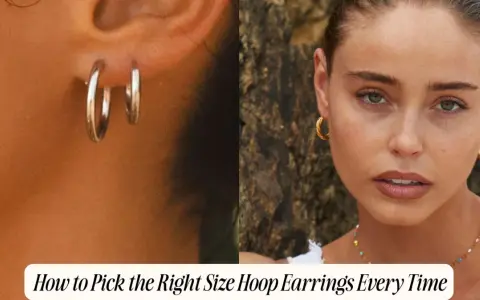 A guide on how to pick the right size hoop earrings, showcasing silver and gold styles on models.