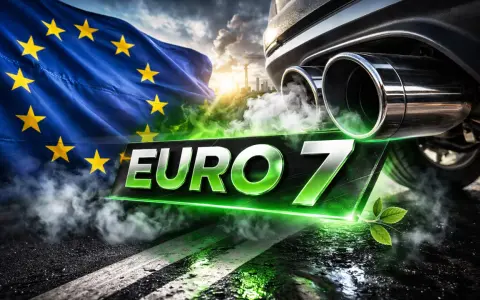 Flaga UE i dym z rury wydechowej samochodu symbolizują nowe normy emisji spalin **euro 7**.