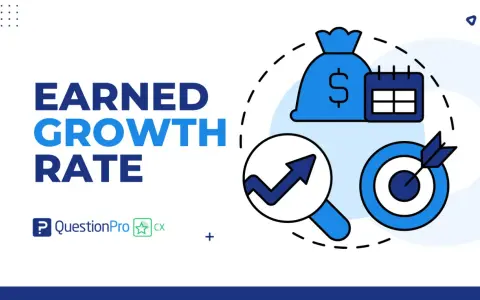 Illustration for "Earned Growth Rate" shows a money bag, calendar, magnifying glass with an upward trend graph, and a target with an arrow.
