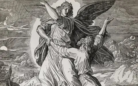 An angel wrestles with Jacob, who clings to him. This scene depicts why Jacob wrestled with God, a pivotal moment of spiritual struggle and transformation.