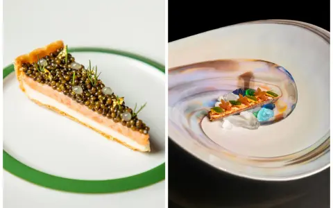 Dos postres de alta cocina, uno con caviar y salmón, otro con cristales de colores. ¿Cuántas estrellas Michelin se pueden tener con tanta exquisitez?