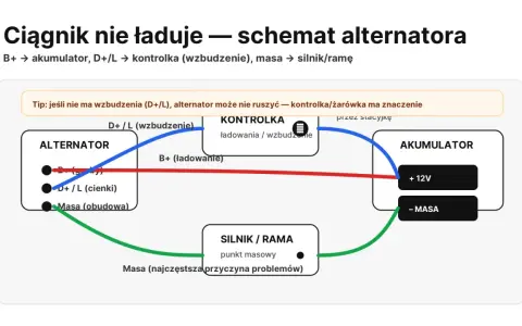 Schemat alternatora ciągnika. Objawy braku ładowania mogą wynikać z problemów z masą lub wzbudzeniem.
