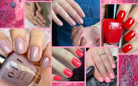 Manicure con unghie squoval in tonalità nude, rosa e rosso vivace. Smalti OPI e Zoya.