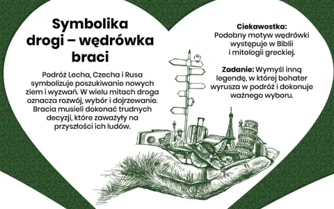 Ilustracja przedstawia dłoń trzymającą symbole podróży i znanych budowli, nawiązując do legendy o Lechu, Czechu i Rusie.