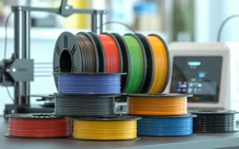 Spools of colorful 3D printer filament, including red, yellow, blue, black, orange, and green, are neatly stacked and arranged. These filaments are essential for creating the strongest 3D prints.