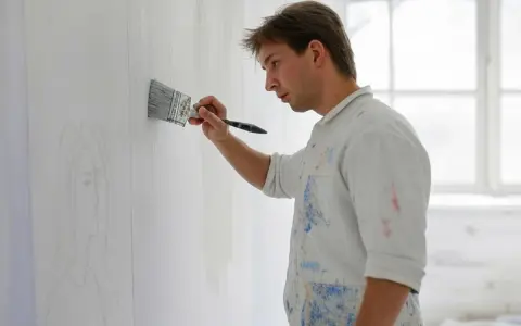Un peintre applique un enduit rebouchage chaux sur un mur, préparant la surface pour une fresque.
