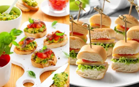 Delicioso y barato picoteo para cumpleaños: bruschettas de aguacate y anchoas, y mini hamburguesas.