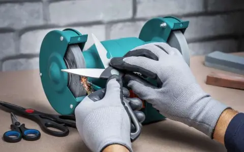 Manos enguantadas afilando tijeras de podar en una amoladora, chispas vuelan.