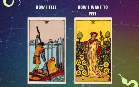Dos cartas del tarot Rider: la Izquierda, "Cómo me siento", muestra el Seis de Espadas. La derecha, "Cómo quiero sentir", muestra el Nueve de Oros.