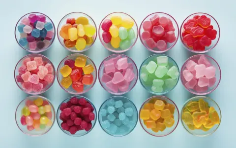 Cuencos llenos de gominolas caseras de colores vibrantes: azules, rosas, rojas, verdes, amarillas y naranjas.