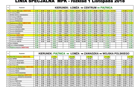 Rozkład jazdy dworca Łomża: linia specjalna MPK Łomża – Centrum – Piątnica oraz Piątnica – Łomża – Zawadzka – Wojsko Polskie.