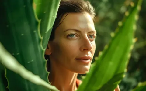 Donna con pelle luminosa tra foglie di aloe vera, un esempio di come applicare aloe vera sulla pelle per un effetto naturale e rinfrescante.