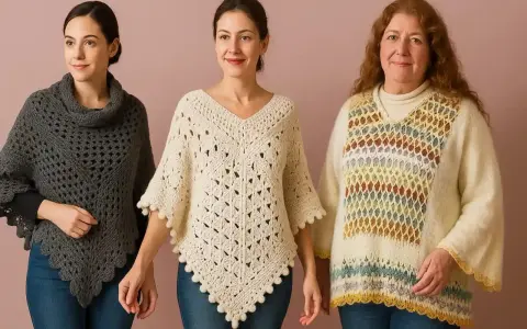 Tres mujeres lucen ponchos de crochet. El del centro, un patrón poncho abierto crochet color crema, es el más destacado.