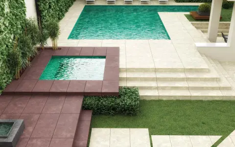 Elegante suelo de terraza exterior con piscinas, césped y escaleras.
