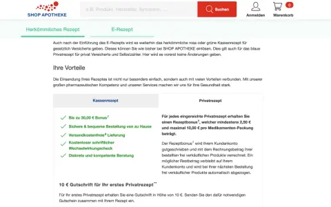 SHOP APOTHEKE Logo, Suchleiste, Warenkorb-Icon und zwei Rezept-Tabs: "Herkömmliches Rezept" und "E-Rezept".