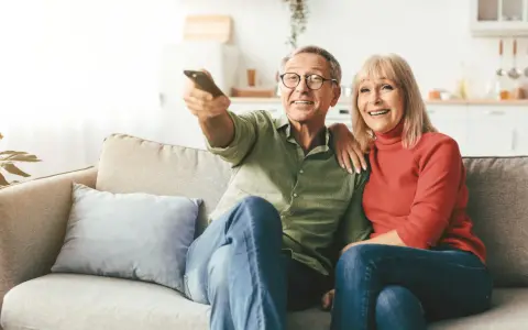 Uśmiechnięta para seniorów ogląda telewizję. Zastanawiają się, od jakiego wieku nie płaci się abonamentu RTV, ciesząc się wspólnym czasem.