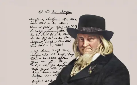 August Heinrich Hoffmann von Fallersleben, autor słów do hymnu Niemiec, na tle fragmentu swojego wiersza.
