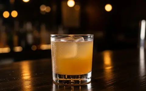 En iskall, gyllene drink med en stor isbit i ett glas på en mörk träyta. En perfekt spicy margarita för en kväll ute.