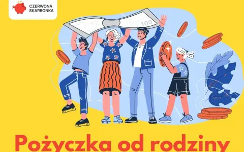 Rodzina świętuje pożyczkę od bliskich. Trzymają banknot i monety, symbolizując wsparcie finansowe.