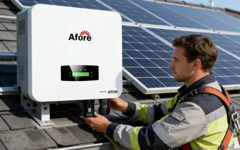 Instalator podłącza falownik 40kW do paneli słonecznych na dachu.