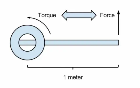Diagrama ilustra cómo el par motor se mide en Newton-metros, con una fuerza aplicada a un brazo de 1 metro.
