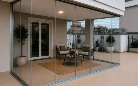 Terrazza moderna con vetrate Vepa scorrevoli, arredata con due poltrone, tavolino e tappeto. Piante in vaso e vista sui tetti.