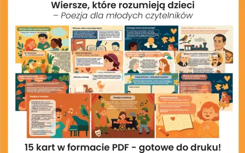 Ilustracja przedstawia kolaż z portretami poetów, dzieci czytających wiersze i motywami związanymi z poezją.