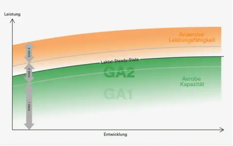 Diagramm zeigt Leistungszonen: GA1 (aerobe Kapazität), GA2 (Laktat-Steady-State) und anaerobe Leistungsfähigkeit. Zone 2 ist der Bereich zwischen GA1 und dem Laktat-Steady-State.