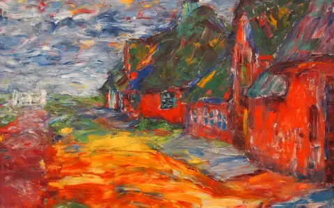 Färgstark oljemålning av röda hus med gröna tak, en väg i orange och gult. Kanske ett verk av Emil, tysk målare, som fångar en livlig stämning.