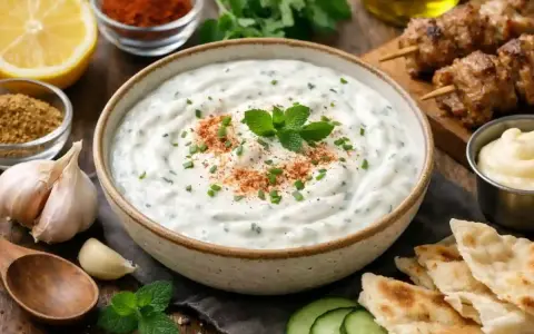 Un bol de sauce blanche kebab crémeuse, garnie d'herbes fraîches et d'épices. À côté, des brochettes de viande, du pain pita et des concombres.