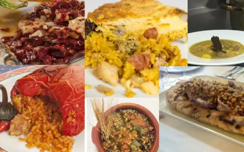 Collage de platos que representan la comida típica de Alicante: arroz con carne, pimientos rellenos, guiso y más.