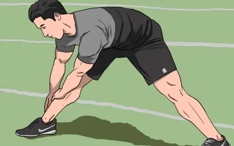 Man stretching his legs on a green indoor track, preparing for an intense indoor sprint workout.