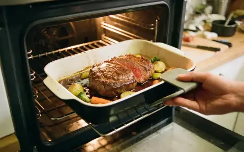 Un rosbeef juteux et ses légumes rôtissent dans un plat au four. La cuisson rosbeef est presque terminée, prêt à être dégusté.