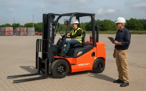 Pomarańczowy wózek widłowy Noblelift z operatorem w kamizelce i kaskiem, obok stoi mężczyzna z notatnikiem.