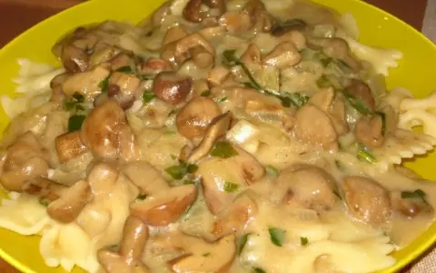 Makaron farfalle z kremowym sosem z maślaków i posiekaną natką pietruszki na żółtym talerzu.