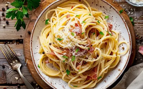 En tallrik krämig spaghetti carbonara, ett klassiskt pasta recept, toppad med parmesan och persilja.