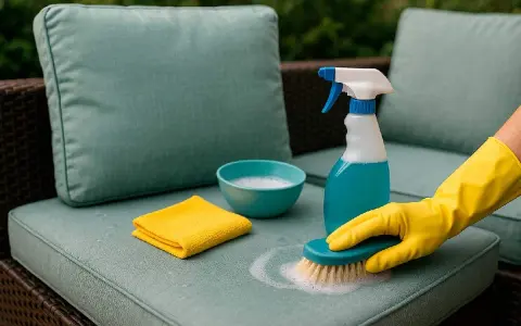 Guante amarillo cepilla cojín con espuma. Kit de limpieza: botella spray, bol con jabón, paño amarillo. Aprende como lavar cojines en lavadora.