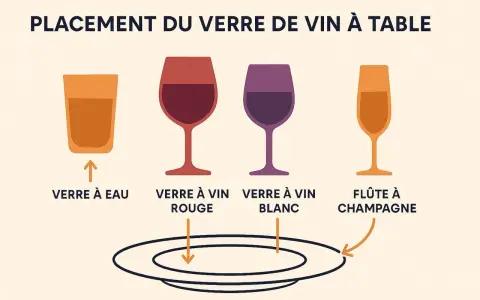 Placement des verres à table : verre à eau, verre à vin rouge, verre à vin blanc, flûte à champagne.