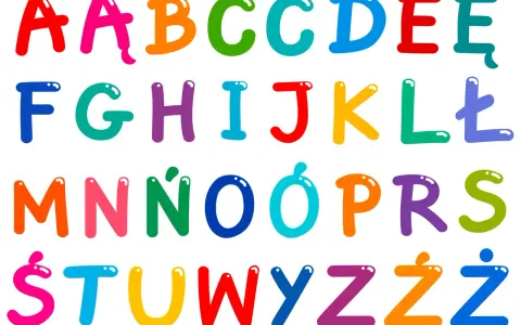 Kolorowy alfabet polski z dwuznakami: A, Ą, B, C, Ć, D, E, Ę, F, G, H, I, J, K, L, Ł, M, N, Ń, O, Ó, P, R, S, Ś, T, U, W, Y, Z, Ź, Ż.
