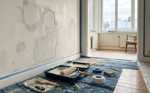 Verktyg för att blanda spackel med vatten ligger utspridda på en blå duk. Väggen är förberedd för målning med spacklade fläckar.