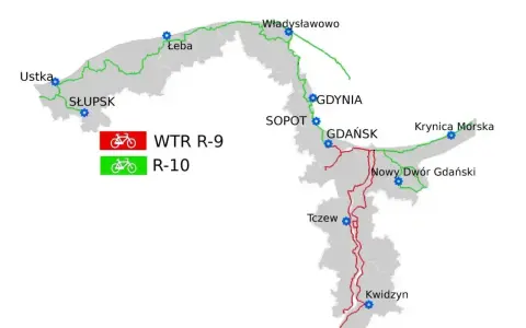 Mapa tras rowerowych WTR R-9 (czerwona) i R-10 (zielona), w tym fragmentów EuroVelo 4, łączących miasta od Ustki po Kwidzyn.