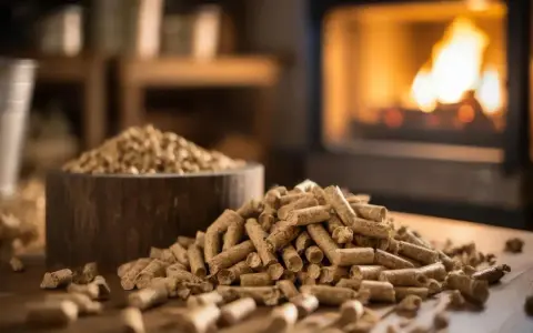 Un mucchio di pellet di legno su un tavolo, con un camino acceso sullo sfondo. L'immagine evoca il tema dell'andamento prezzo pellet.