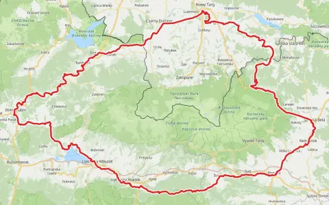 Wyznaczony czerwony szlak wokół Tatr, biegnący przez polskie i słowackie tereny, obejmuje m.in. Nowy Targ, Zakopane, Tatrzański Park Narodowy i Wysokie Tatry.