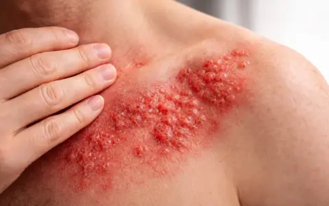 Eruzione cutanea rossa con vescicole, tipica dei sintomi del fuoco di Sant'Antonio, su una spalla.