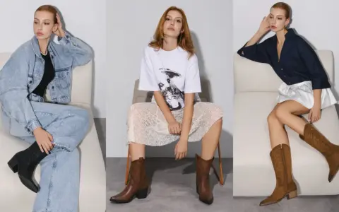 Tres mujeres posan con diferentes atuendos. La de la izquierda lleva vaqueros y una chaqueta vaquera con botines negros. La del centro, falda de encaje y camiseta gráfica con botines marrones. La de la derecha, falda blanca y camisa vaquera oscura con ...