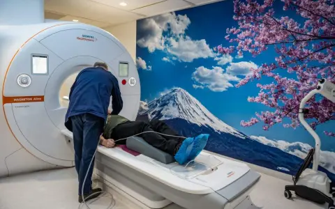 Pacjent leży na łóżku rezonansu magnetycznego, przygotowywany do badania. Za nim ściana z widokiem na górę Fudżi i kwitnącą wiśnię, tworząc silne wzmocnienie kontrastowe.