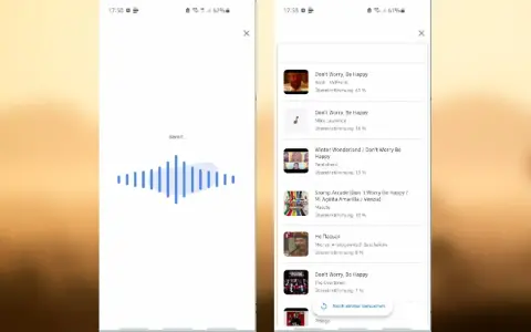 Zwei Smartphone-Bildschirme: Links eine Musikerkennungs-App mit Wellenform, rechts eine Liste mit Songvorschlägen.